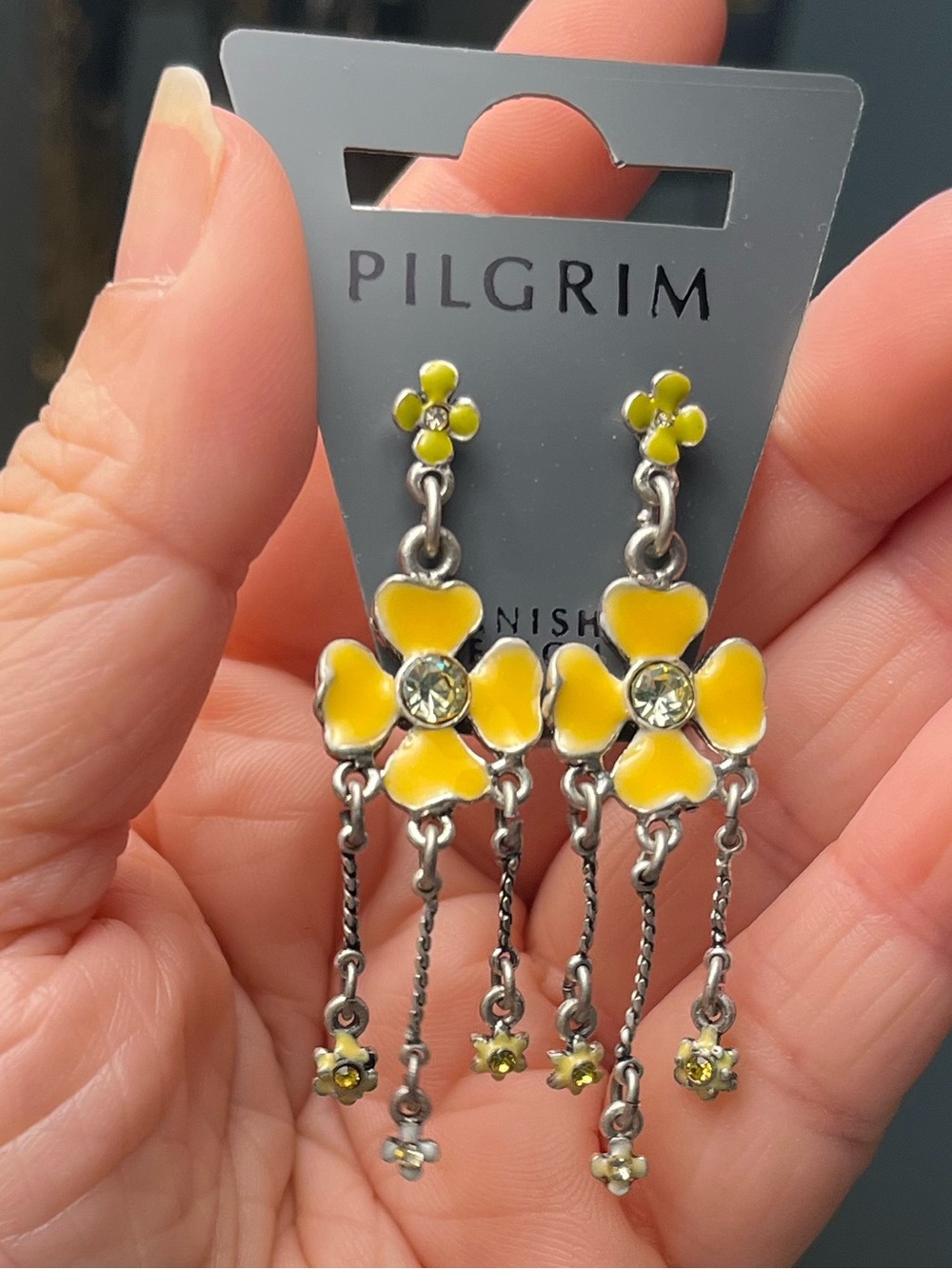 Pilgrim Yellow Enamel Flower Drop Earrings with Crystal Centers